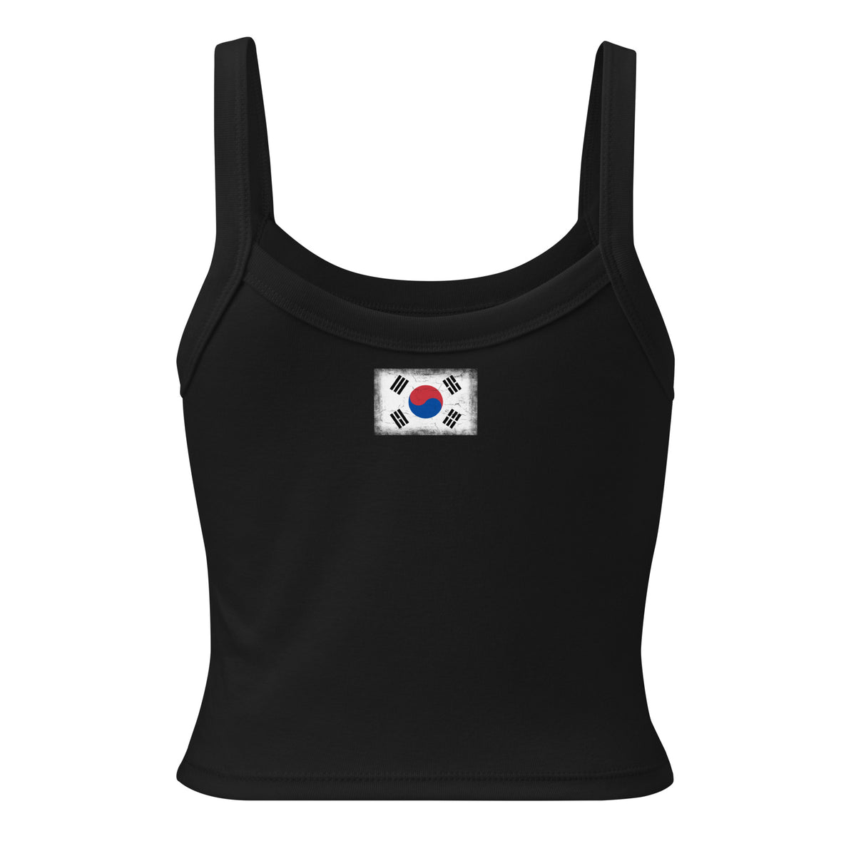 South Korea flag rib tank top in Solid Black Blend, vintage-washed print, flag across the upper back, women cut, back view