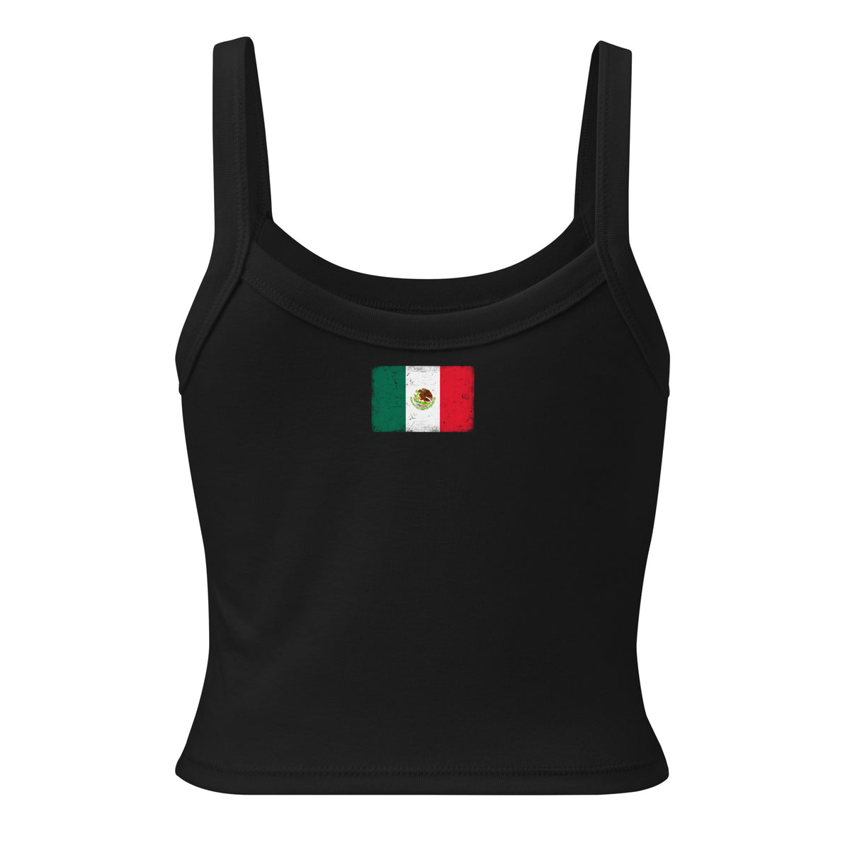Mexico flag rib tank top in Solid Black Blend, vintage-washed print, flag across the upper back, women cut, back view