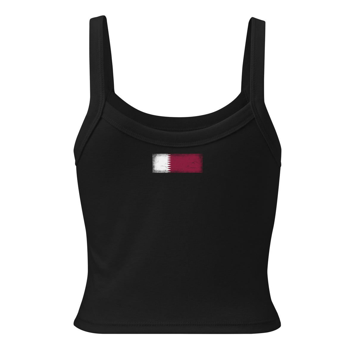 Qatar flag rib tank top in Solid Black Blend, vintage-washed print, flag across the upper back, women cut, back view