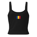 Romania flag rib tank top in Solid Black Blend, vintage-washed print, flag across the upper back, women cut, back view
