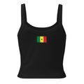 Senegal flag rib tank top in Solid Black Blend, vintage-washed print, flag across the upper back, women cut, back view
