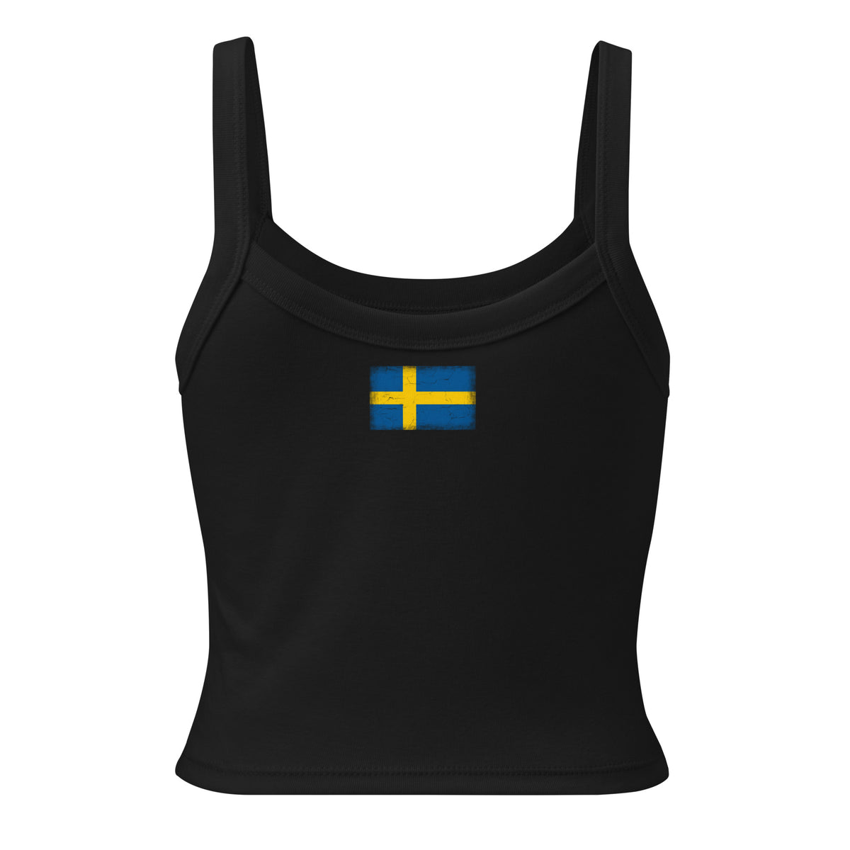 Sweden flag rib tank top in Solid Black Blend, vintage-washed print, flag across the upper back, women cut, back view