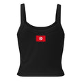 Tunisia flag rib tank top in Solid Black Blend, vintage-washed print, flag across the upper back, women cut, back view