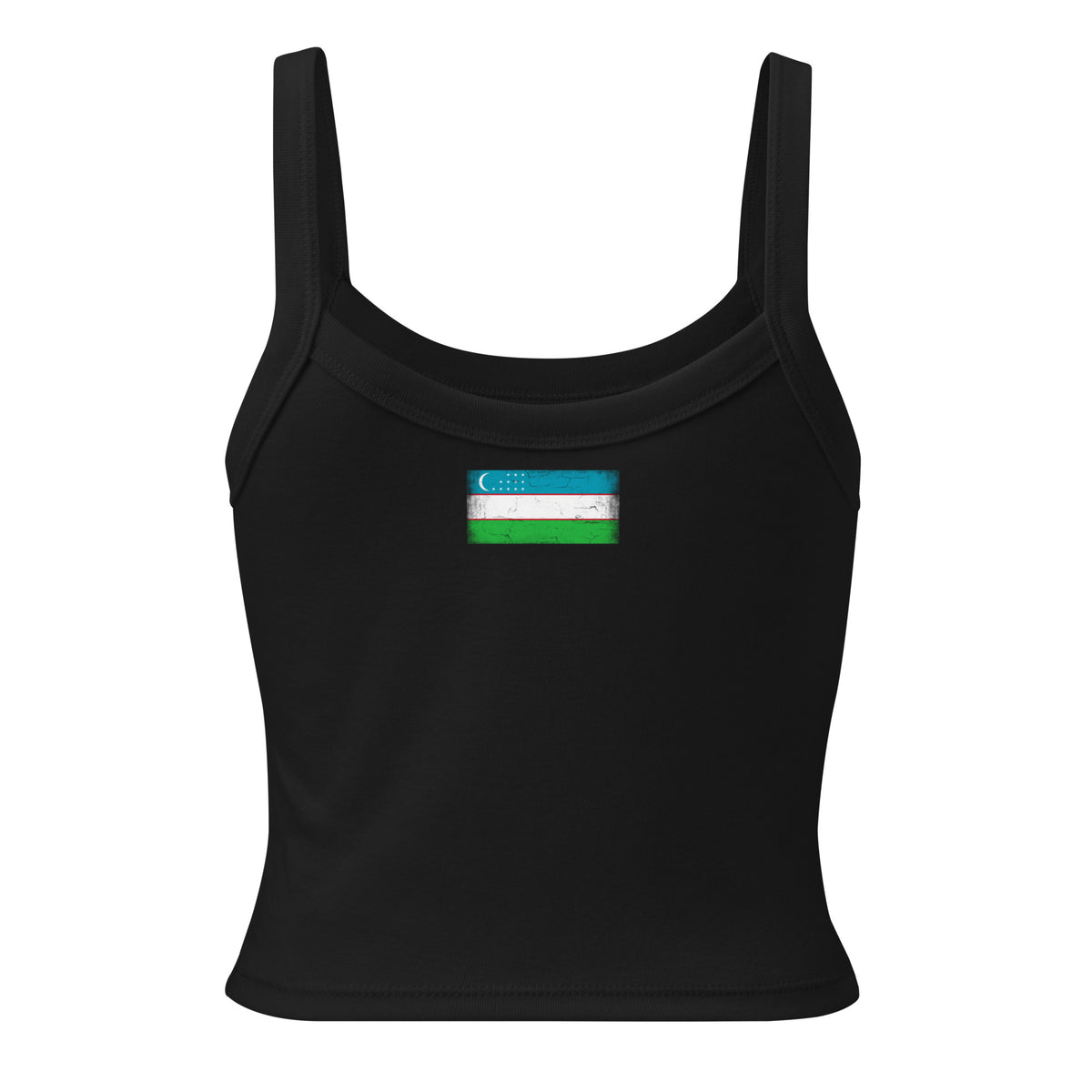 Uzbekistan flag rib tank top in Solid Black Blend, vintage-washed print, flag across the upper back, women cut, back view