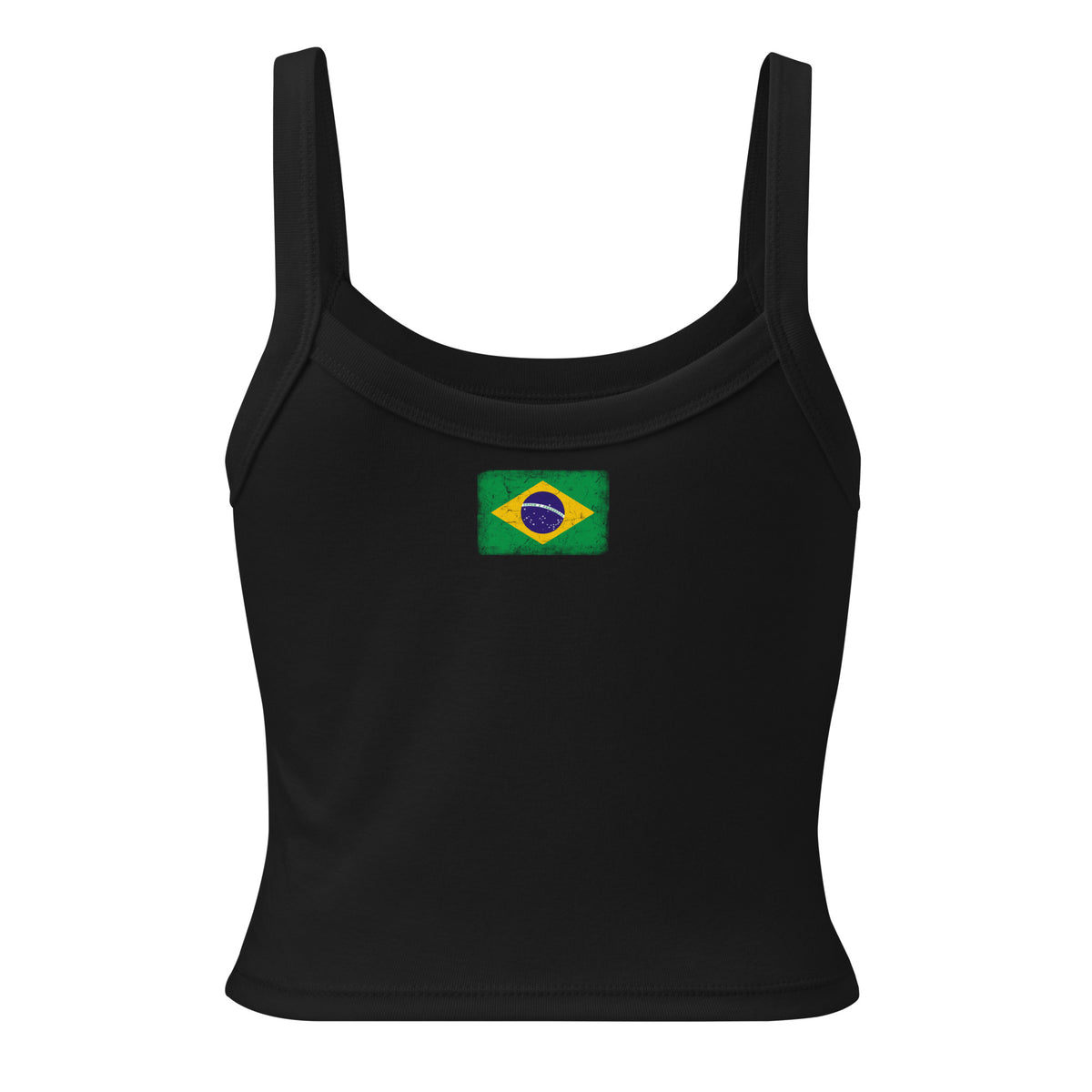 Brasil flag rib tank top in Solid Black Blend, vintage-washed print, flag across the upper back, women cut, back view