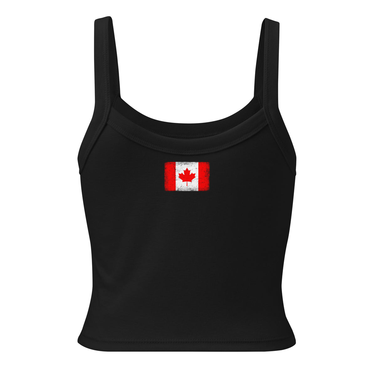 Canada flag rib tank top in Solid Black Blend, vintage-washed print, flag across the upper back, women cut, back view