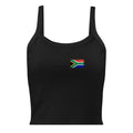 South Africa flag rib tank top in Solid Black Blend, vintage-washed print, small flag on the left chest, women cut, front view