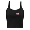 Czechia flag rib tank top in Solid Black Blend, vintage-washed print, small flag on the left chest, women cut, front view