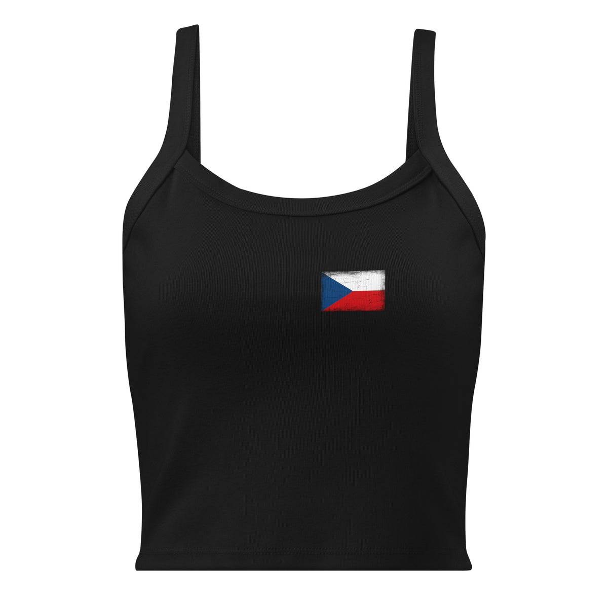 Czechia flag rib tank top in Solid Black Blend, vintage-washed print, small flag on the left chest, women cut, front view