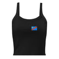 Congo flag rib tank top in Solid Black Blend, vintage-washed print, small flag on the left chest, women cut, front view