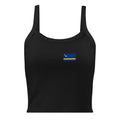 Curaçao flag rib tank top in Solid Black Blend, vintage-washed print, small flag on the left chest, women cut, front view