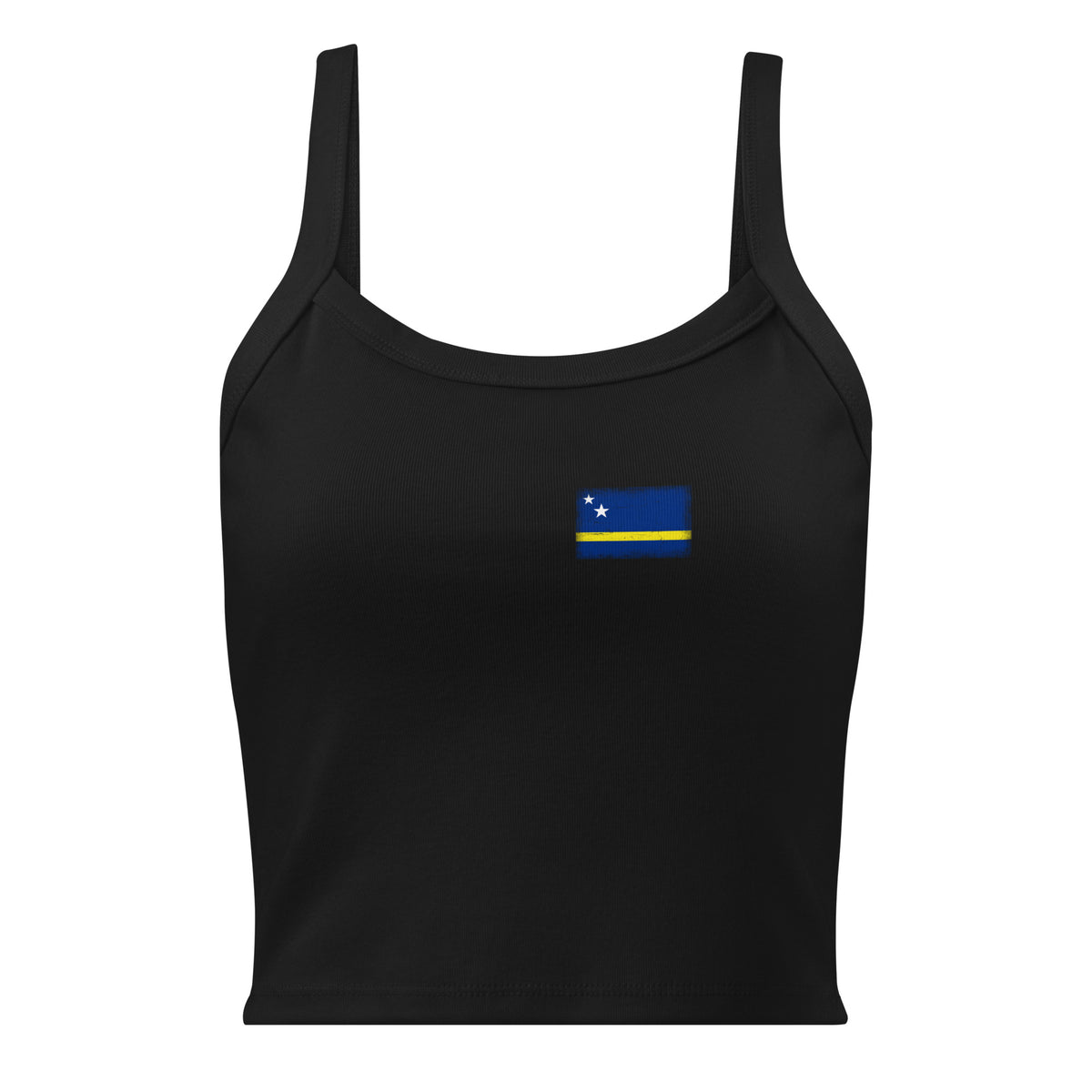 Curaçao flag rib tank top in Solid Black Blend, vintage-washed print, small flag on the left chest, women cut, front view