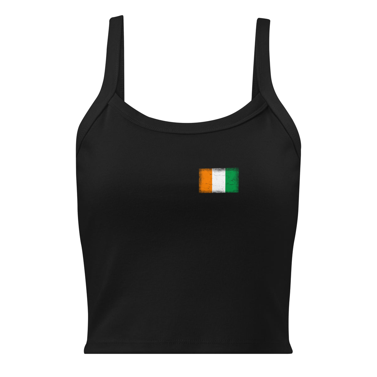 Côte d'Ivoire flag rib tank top in Solid Black Blend, vintage-washed print, small flag on the left chest, women cut, front view
