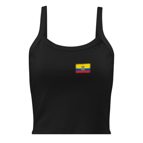 Ecuador flag rib tank top in Solid Black Blend, vintage-washed print, small flag on the left chest, women cut, front view