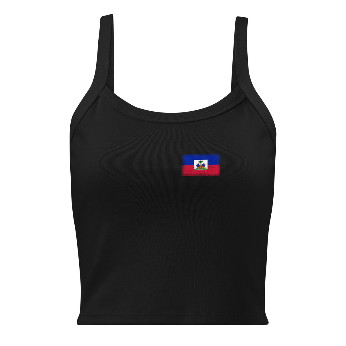 Haiti flag rib tank top in Solid Black Blend, vintage-washed print, small flag on the left chest, women cut, front view