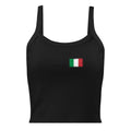 Italy flag rib tank top in Solid Black Blend, vintage-washed print, small flag on the left chest, women cut, front view