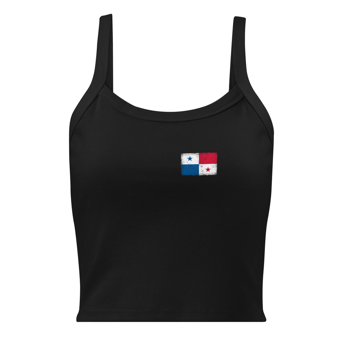 Panama flag rib tank top in Solid Black Blend, vintage-washed print, small flag on the left chest, women cut, front view