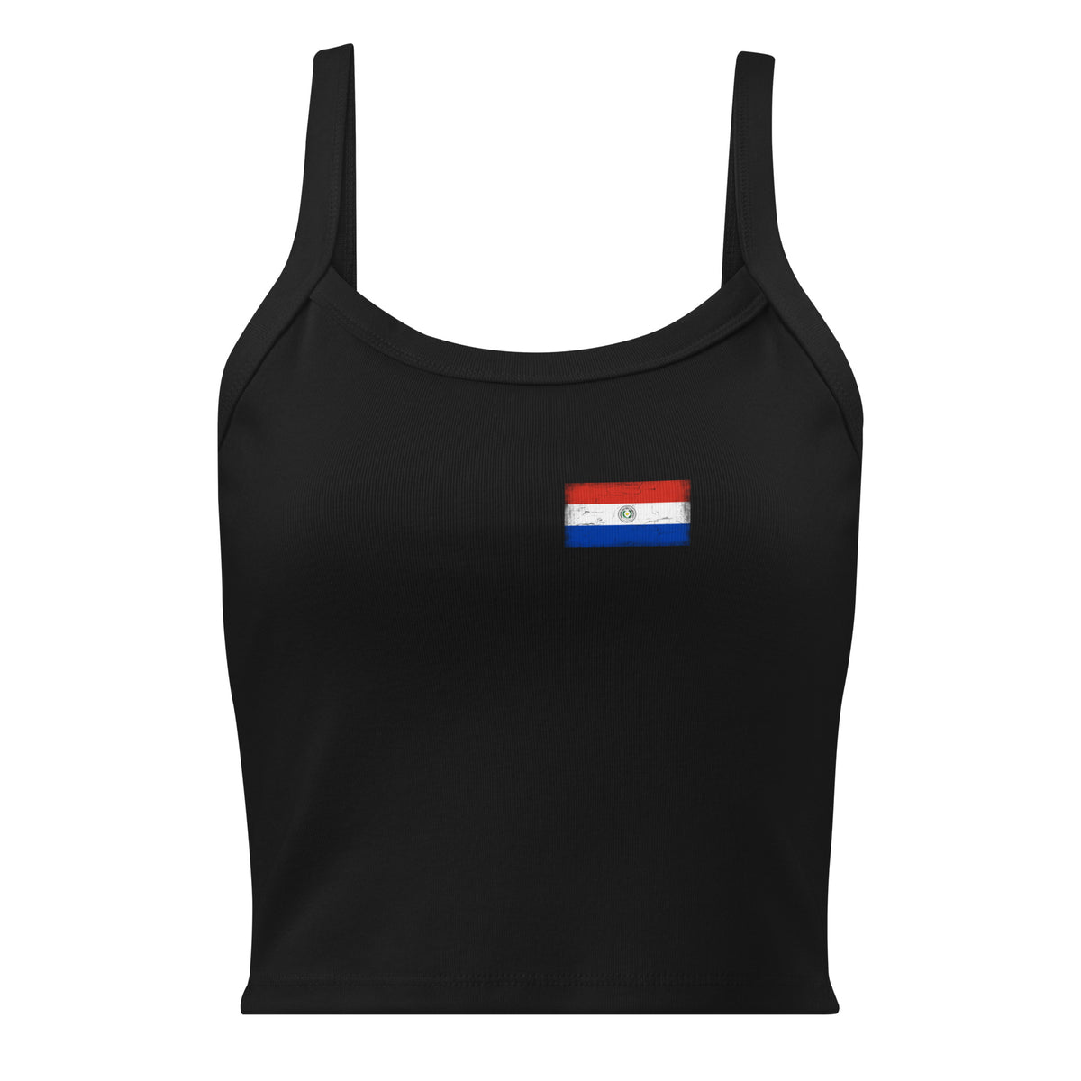 Paraguay flag rib tank top in Solid Black Blend, vintage-washed print, small flag on the left chest, women cut, front view