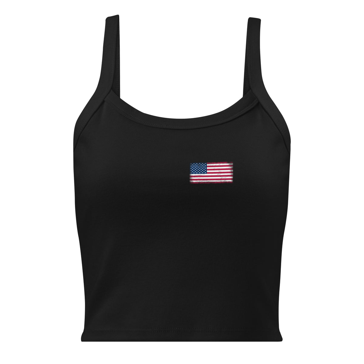 USA flag rib tank top in Solid Black Blend, vintage-washed print, small flag on the left chest, women cut, front view