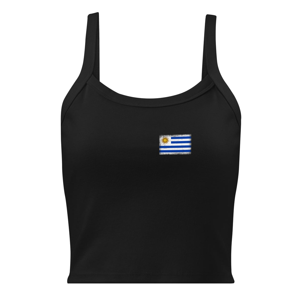 Uruguay flag rib tank top in Solid Black Blend, vintage-washed print, small flag on the left chest, women cut, front view