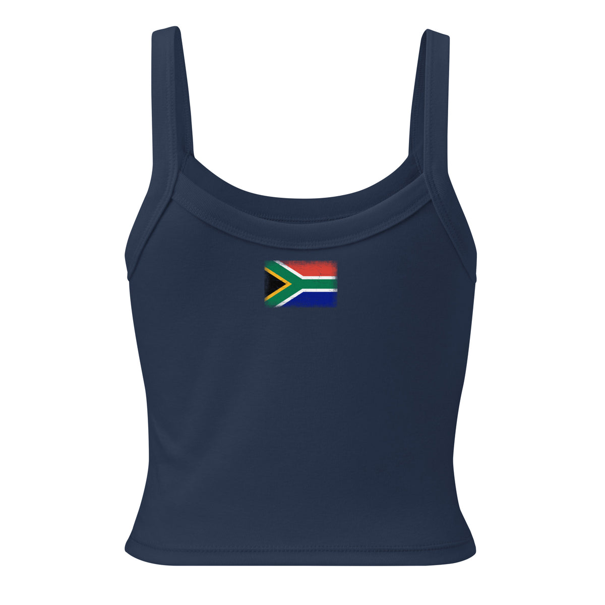 South Africa flag rib tank top in Solid Navy Blend, vintage-washed print, flag across the upper back, women cut, back view