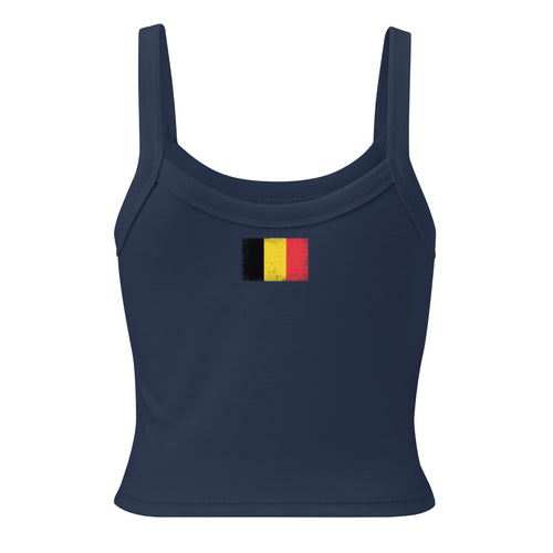 Belgium flag rib tank top in Solid Navy Blend, vintage-washed print, flag across the upper back, women cut, back view