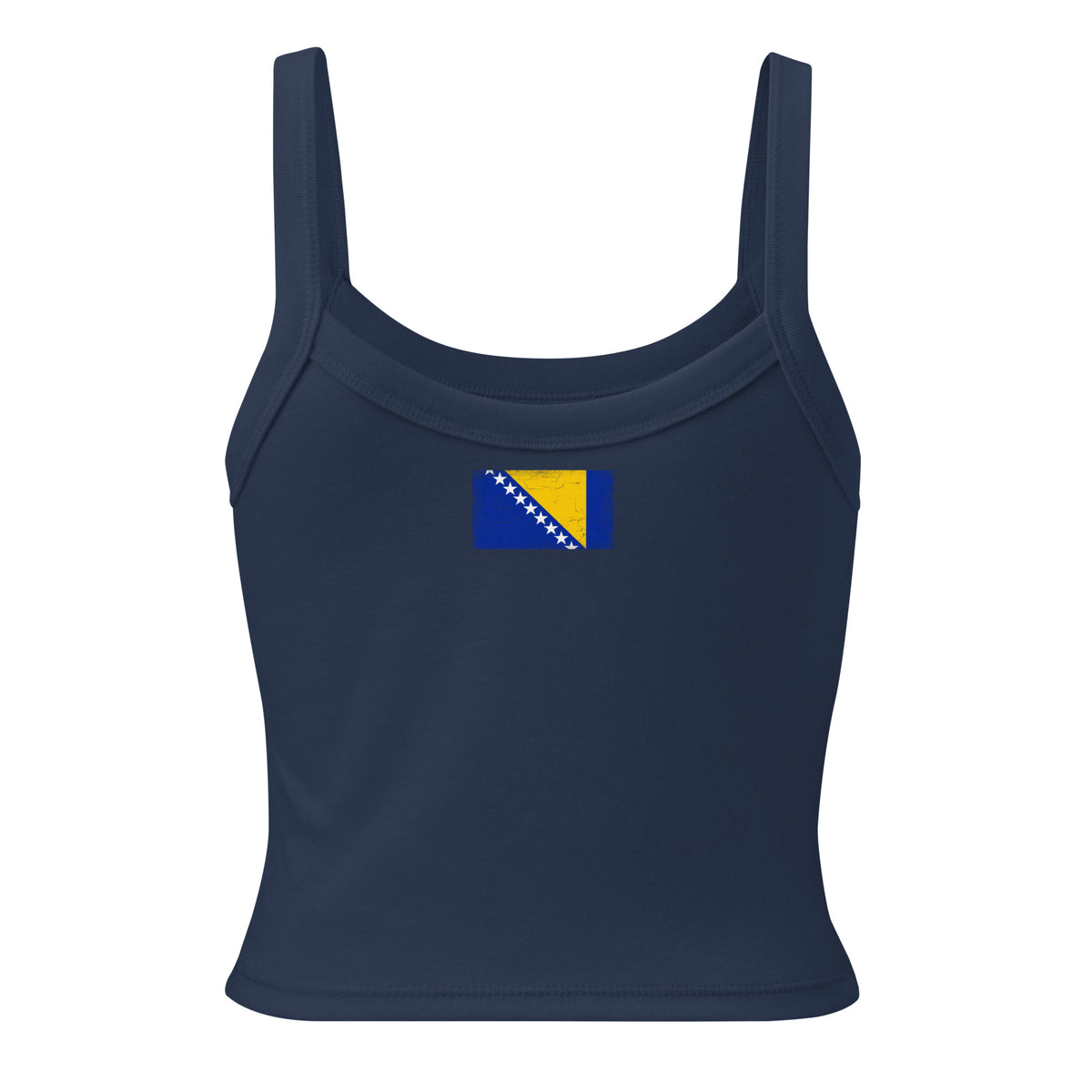 Bosnia and Herzegovina flag rib tank top in Solid Navy Blend, vintage-washed print, flag across the upper back, women cut, back view