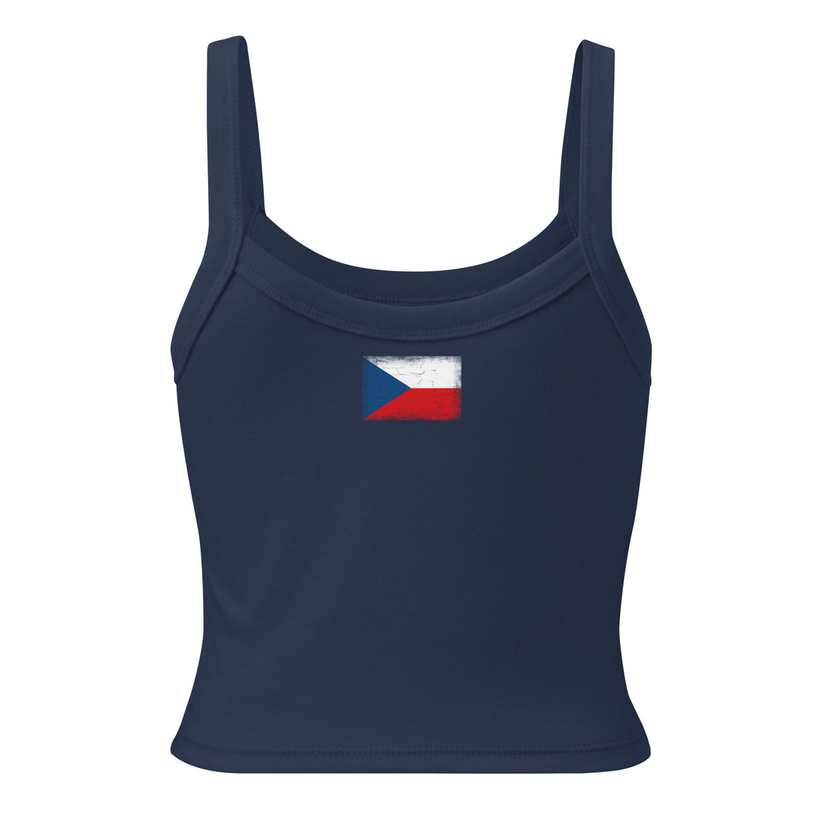 Czechia flag rib tank top in Solid Navy Blend, vintage-washed print, flag across the upper back, women cut, back view