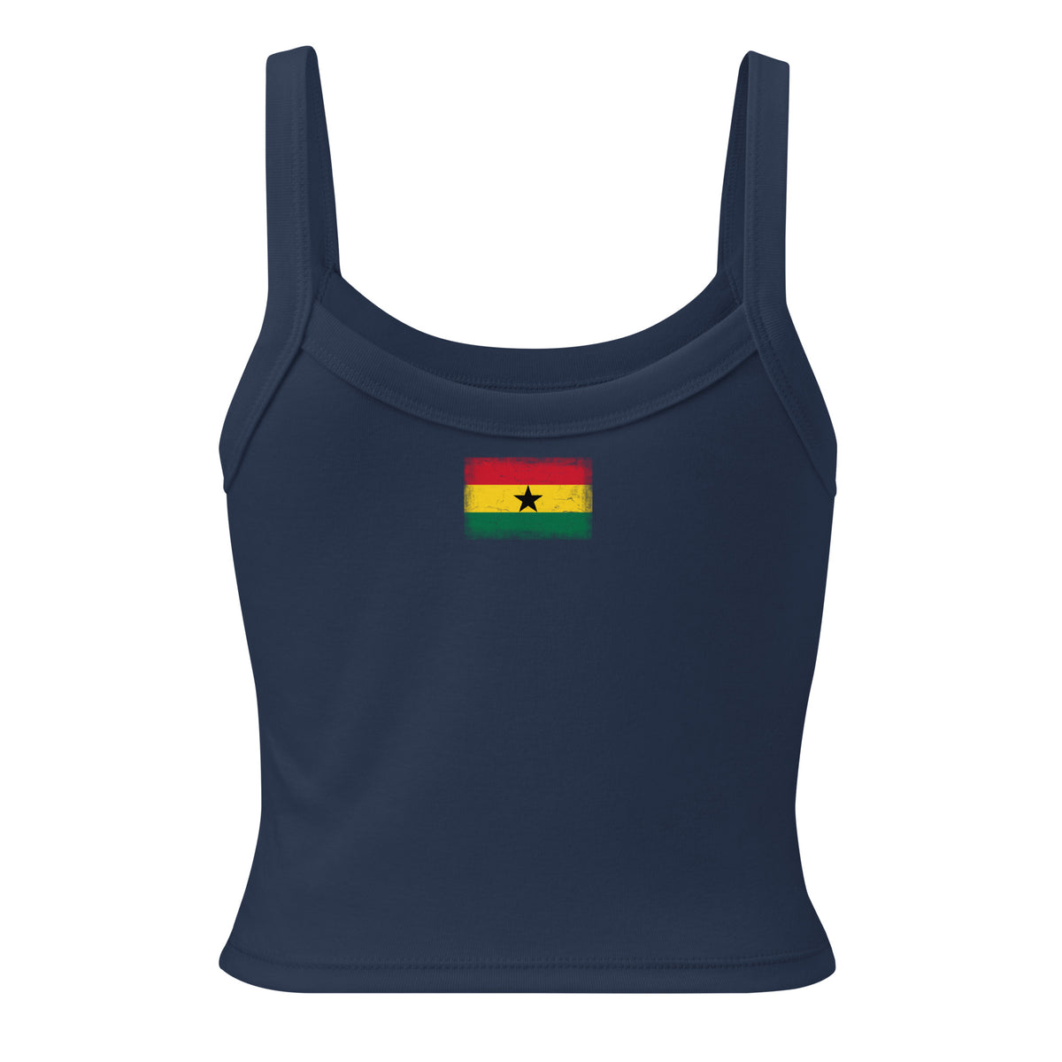 Ghana flag rib tank top in Solid Navy Blend, vintage-washed print, flag across the upper back, women cut, back view