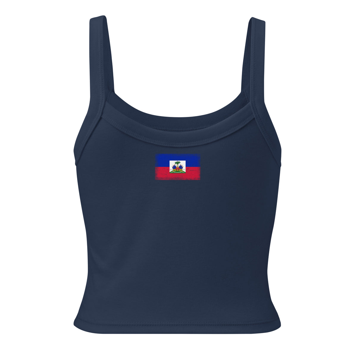 Haiti flag rib tank top in Solid Navy Blend, vintage-washed print, flag across the upper back, women cut, back view