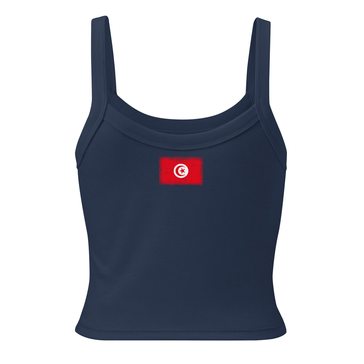 Tunisia flag rib tank top in Solid Navy Blend, vintage-washed print, flag across the upper back, women cut, back view