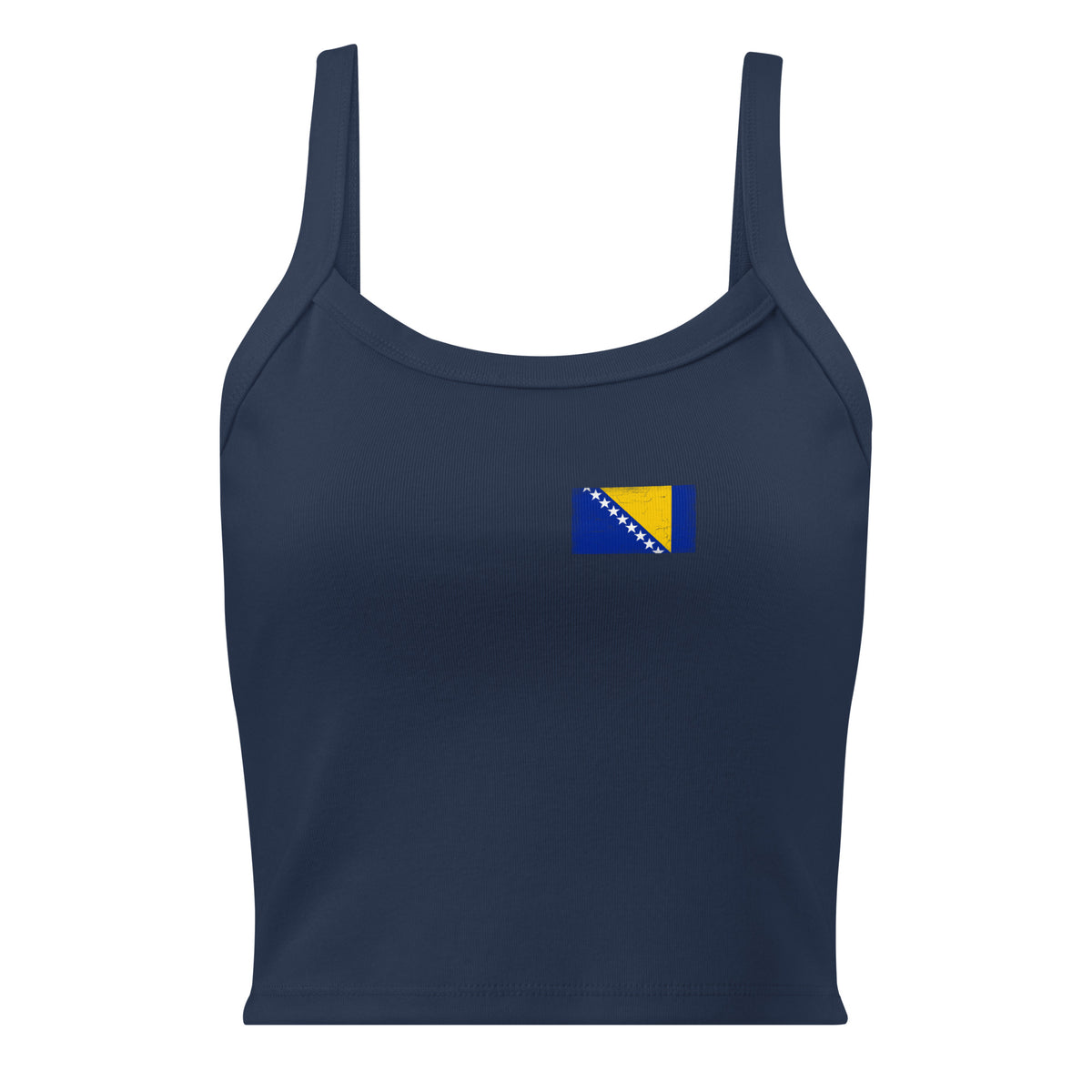 Bosnia and Herzegovina flag rib tank top in Solid Navy Blend, vintage-washed print, small flag on the left chest, women cut, front view