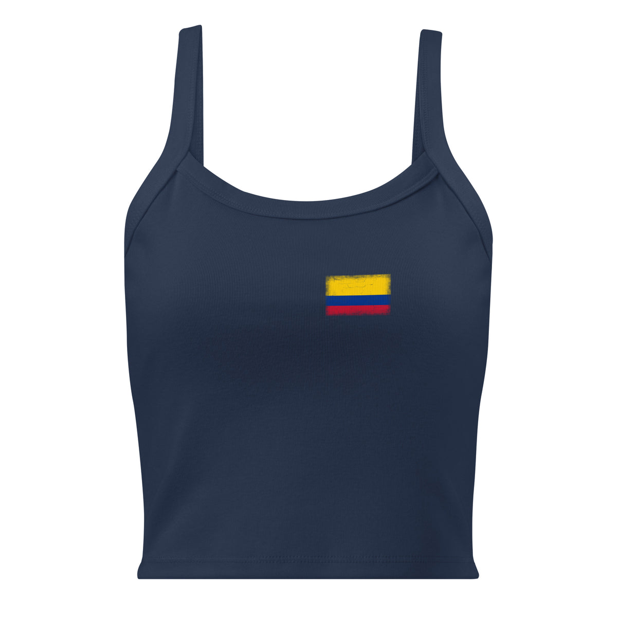 Colombia flag rib tank top in Solid Navy Blend, vintage-washed print, small flag on the left chest, women cut, front view