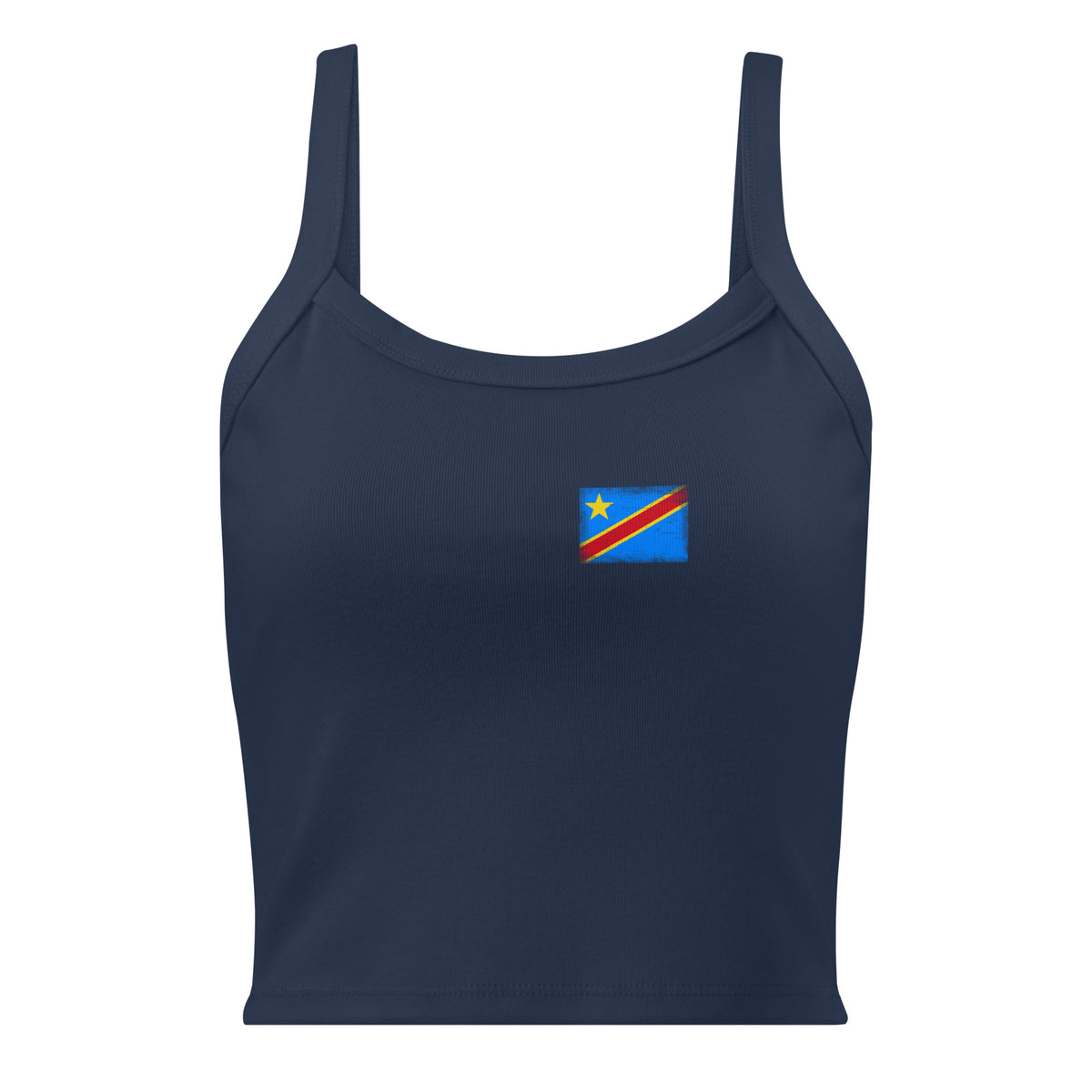 Congo flag rib tank top in Solid Navy Blend, vintage-washed print, small flag on the left chest, women cut, front view
