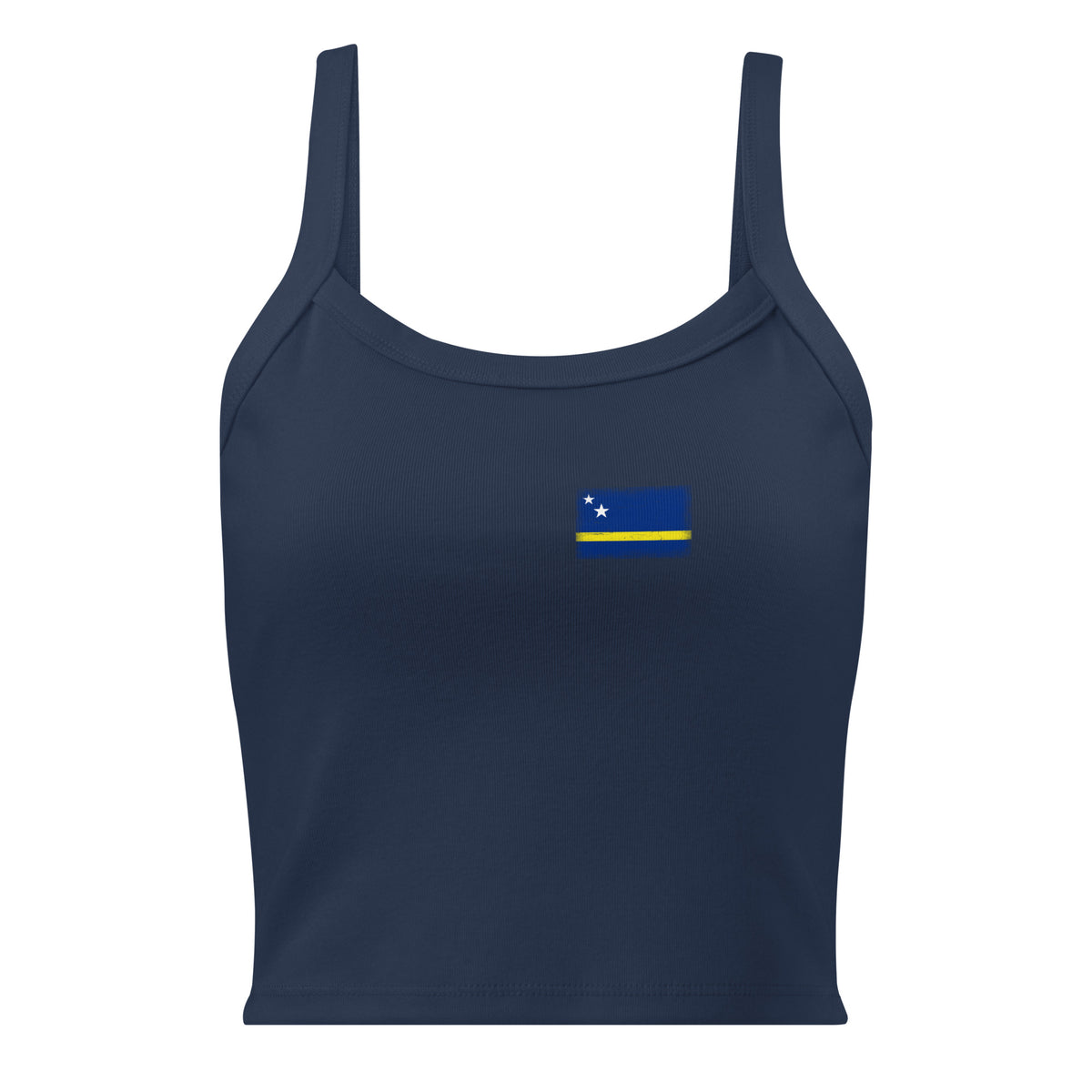 Curaçao flag rib tank top in Solid Navy Blend, vintage-washed print, small flag on the left chest, women cut, front view