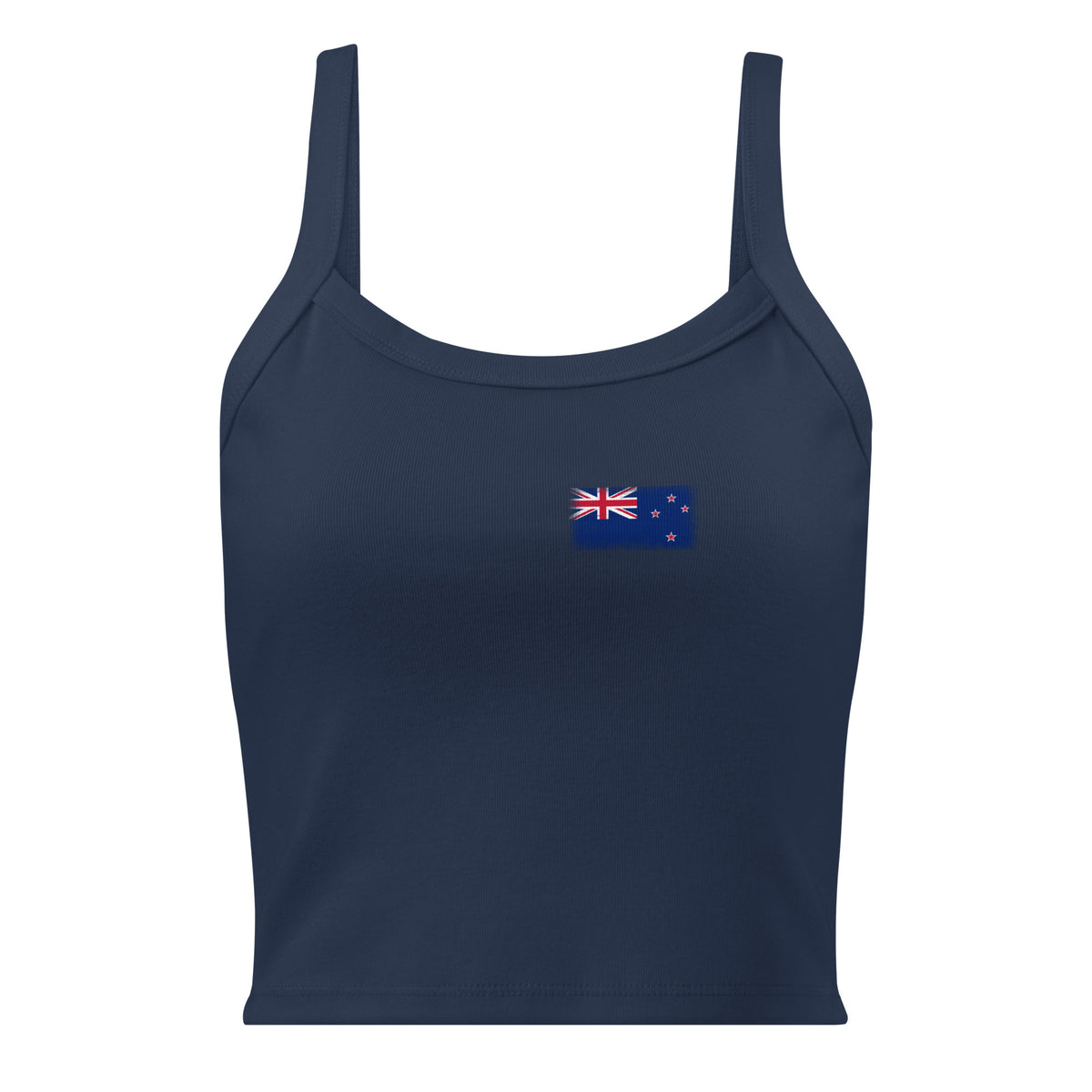 New Zealand flag rib tank top in Solid Navy Blend, vintage-washed print, small flag on the left chest, women cut, front view