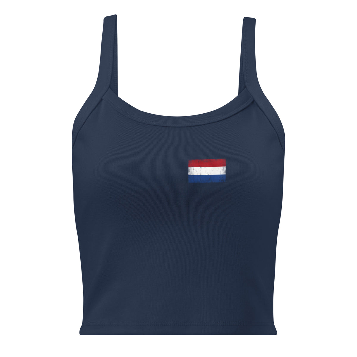Netherlands flag rib tank top in Solid Navy Blend, vintage-washed print, small flag on the left chest, women cut, front view