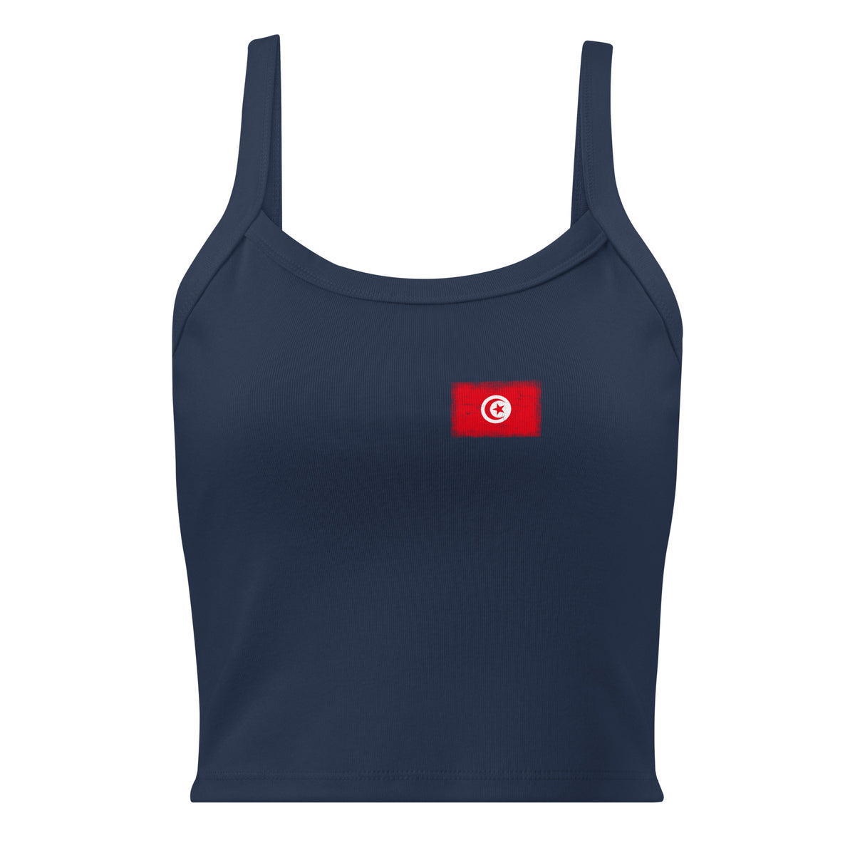 Tunisia flag rib tank top in Solid Navy Blend, vintage-washed print, small flag on the left chest, women cut, front view