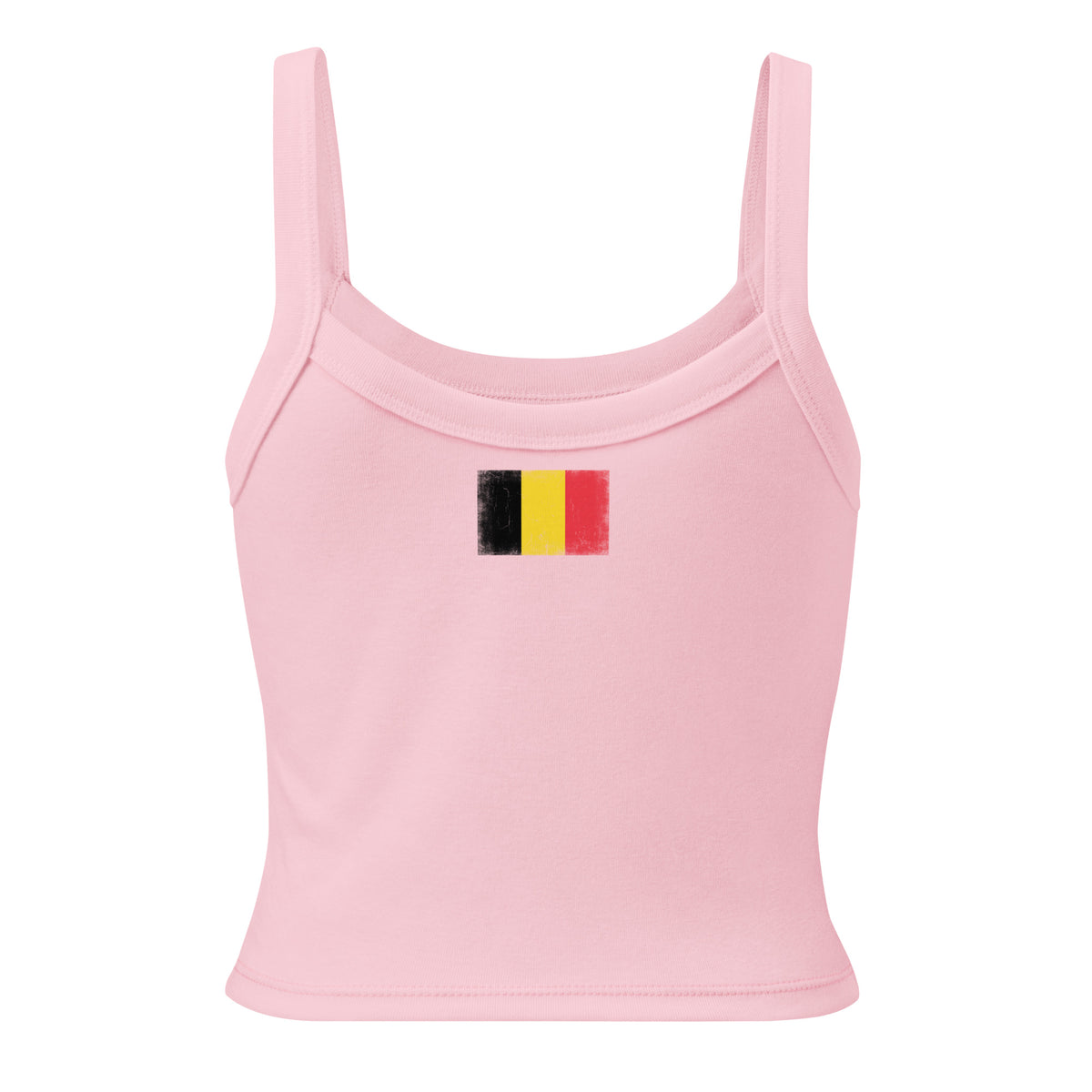 Belgium flag rib tank top in Solid Pink Blend, vintage-washed print, flag across the upper back, women cut, back view