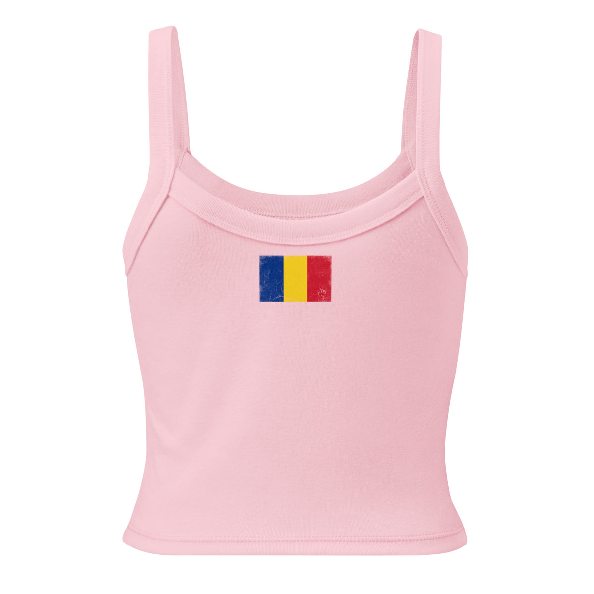 Romania flag rib tank top in Solid Pink Blend, vintage-washed print, flag across the upper back, women cut, back view