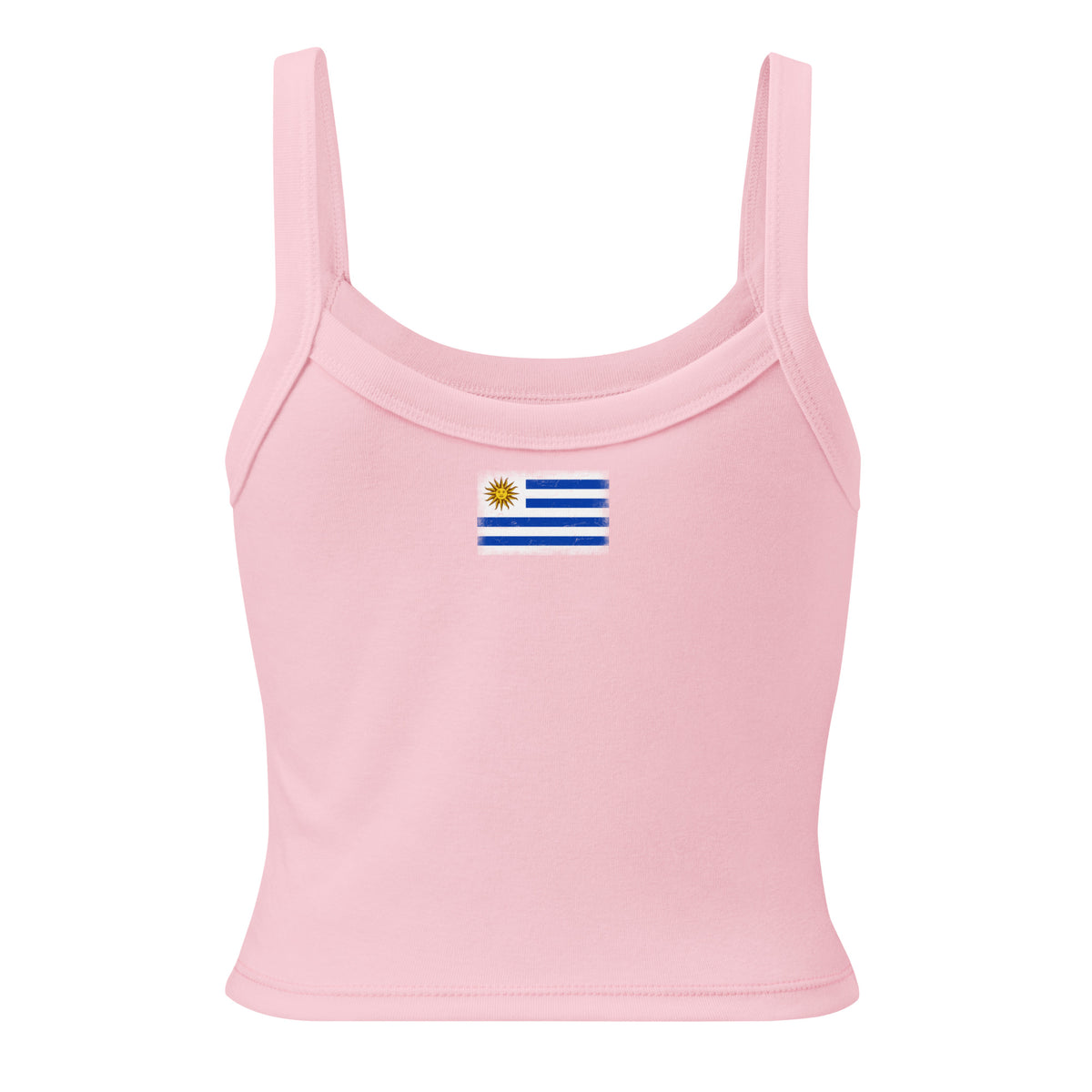 Uruguay flag rib tank top in Solid Pink Blend, vintage-washed print, flag across the upper back, women cut, back view