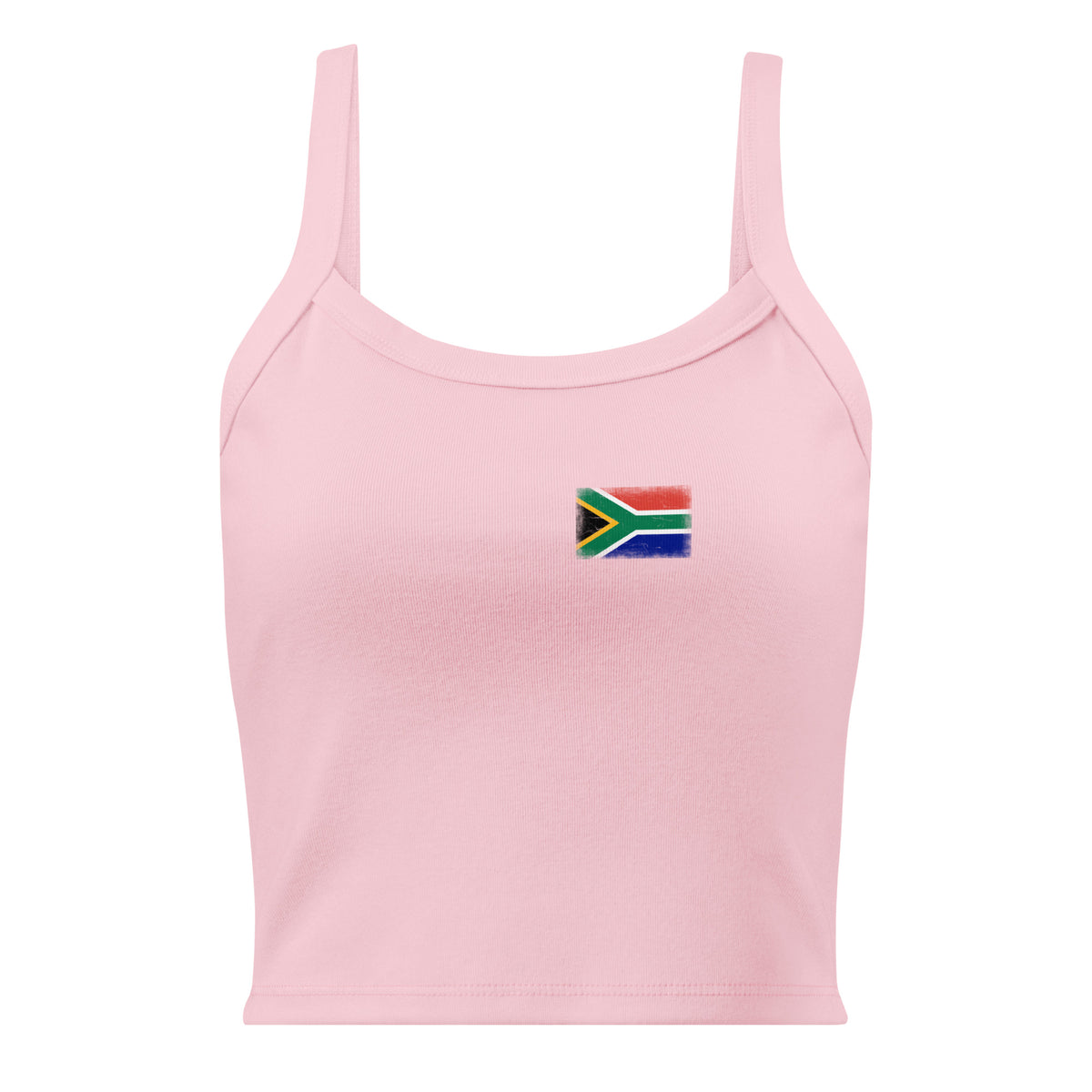 South Africa flag rib tank top in Solid Pink Blend, vintage-washed print, small flag on the left chest, women cut, front view
