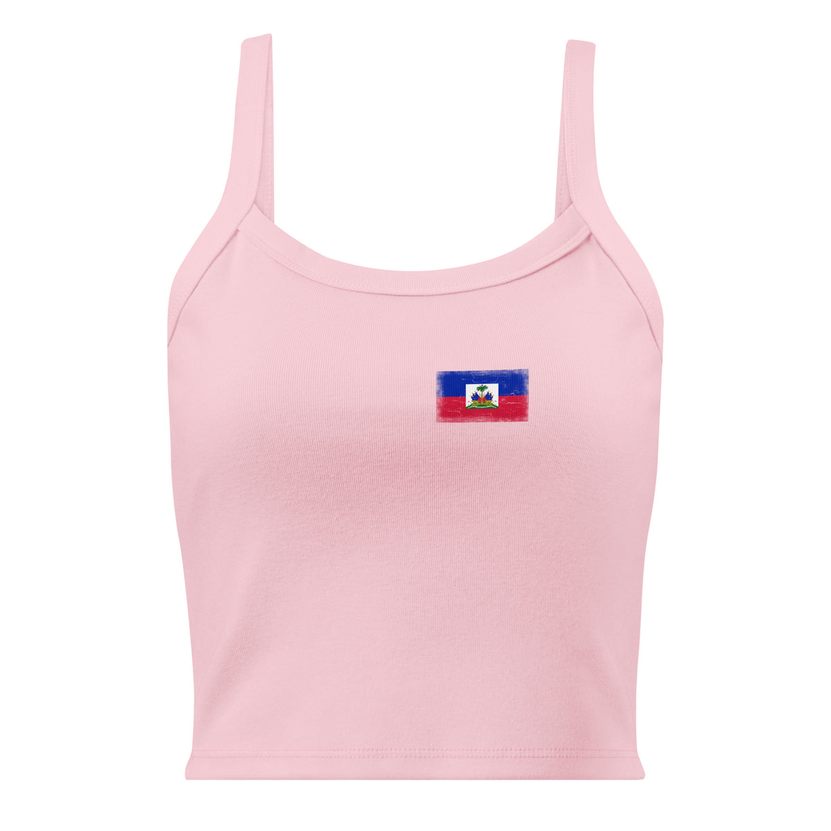 Haiti flag rib tank top in Solid Pink Blend, vintage-washed print, small flag on the left chest, women cut, front view