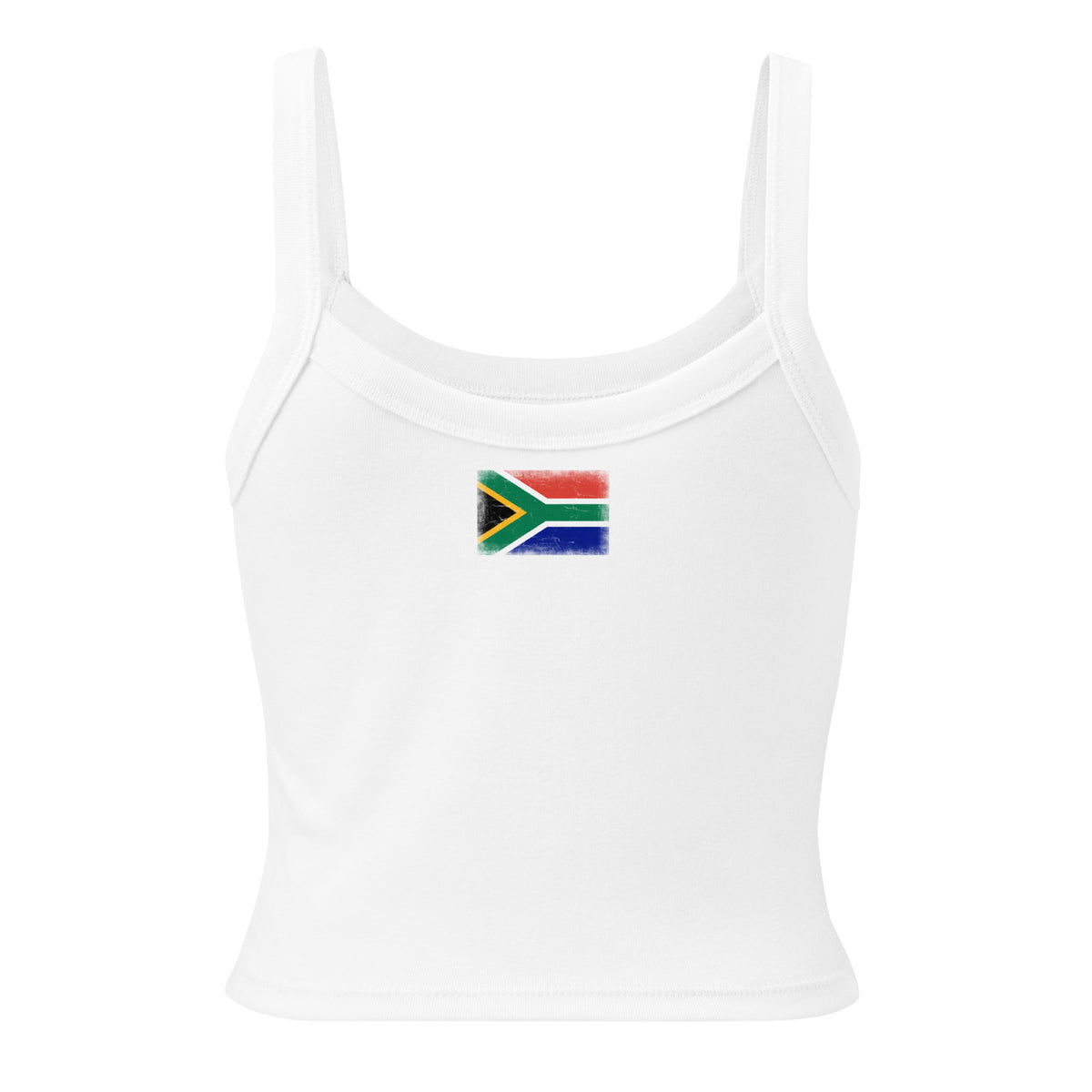 South Africa flag rib tank top in Solid White Blend, vintage-washed print, flag across the upper back, women cut, back view