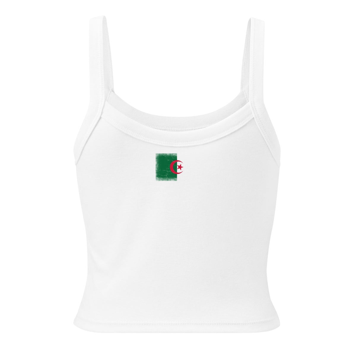 Algeria flag rib tank top in Solid White Blend, vintage-washed print, flag across the upper back, women cut, back view