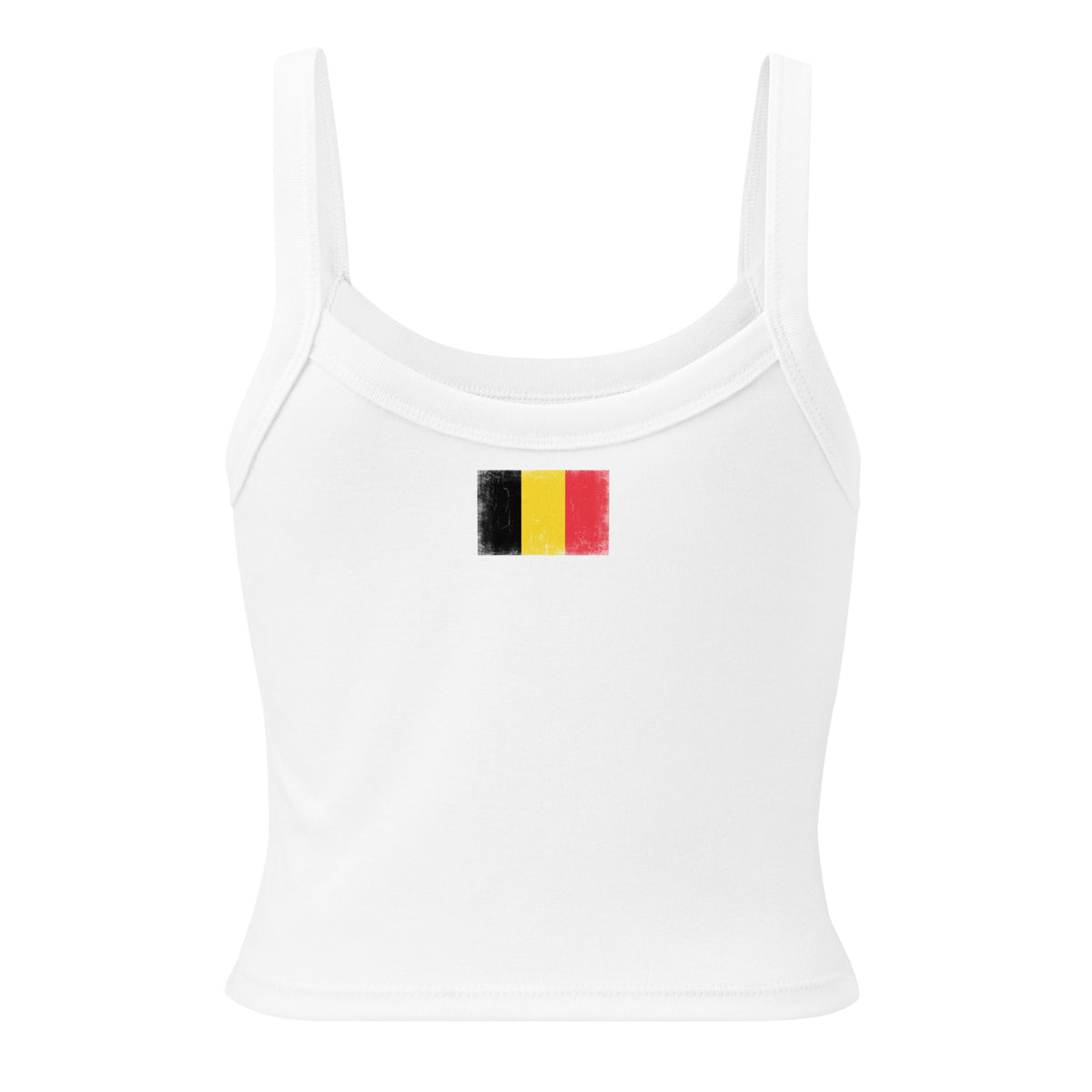 Belgium flag rib tank top in Solid White Blend, vintage-washed print, flag across the upper back, women cut, back view