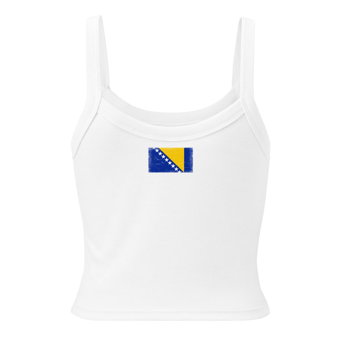 Bosnia and Herzegovina flag rib tank top in Solid White Blend, vintage-washed print, flag across the upper back, women cut, back view