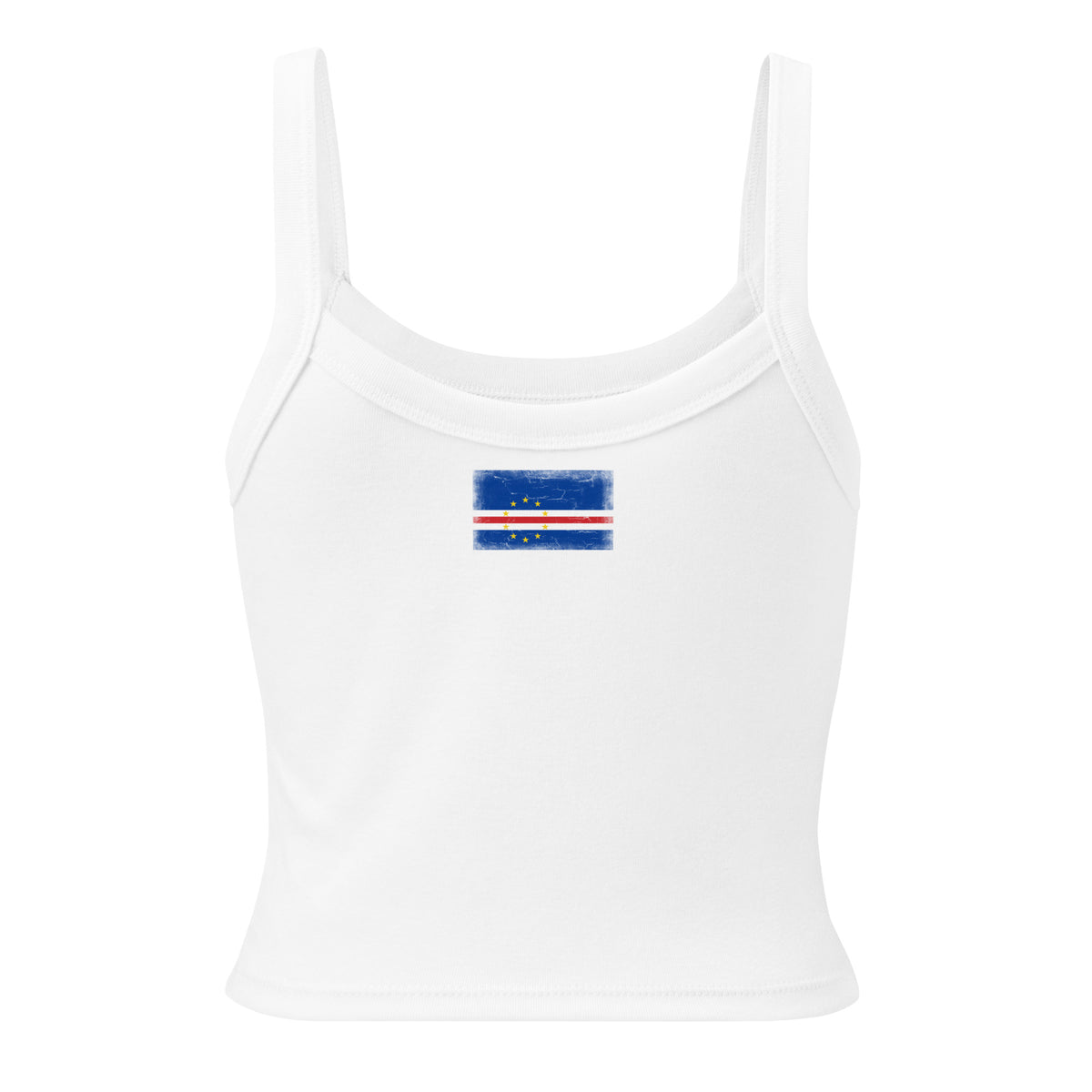Cape Verde flag rib tank top in Solid White Blend, vintage-washed print, flag across the upper back, women cut, back view
