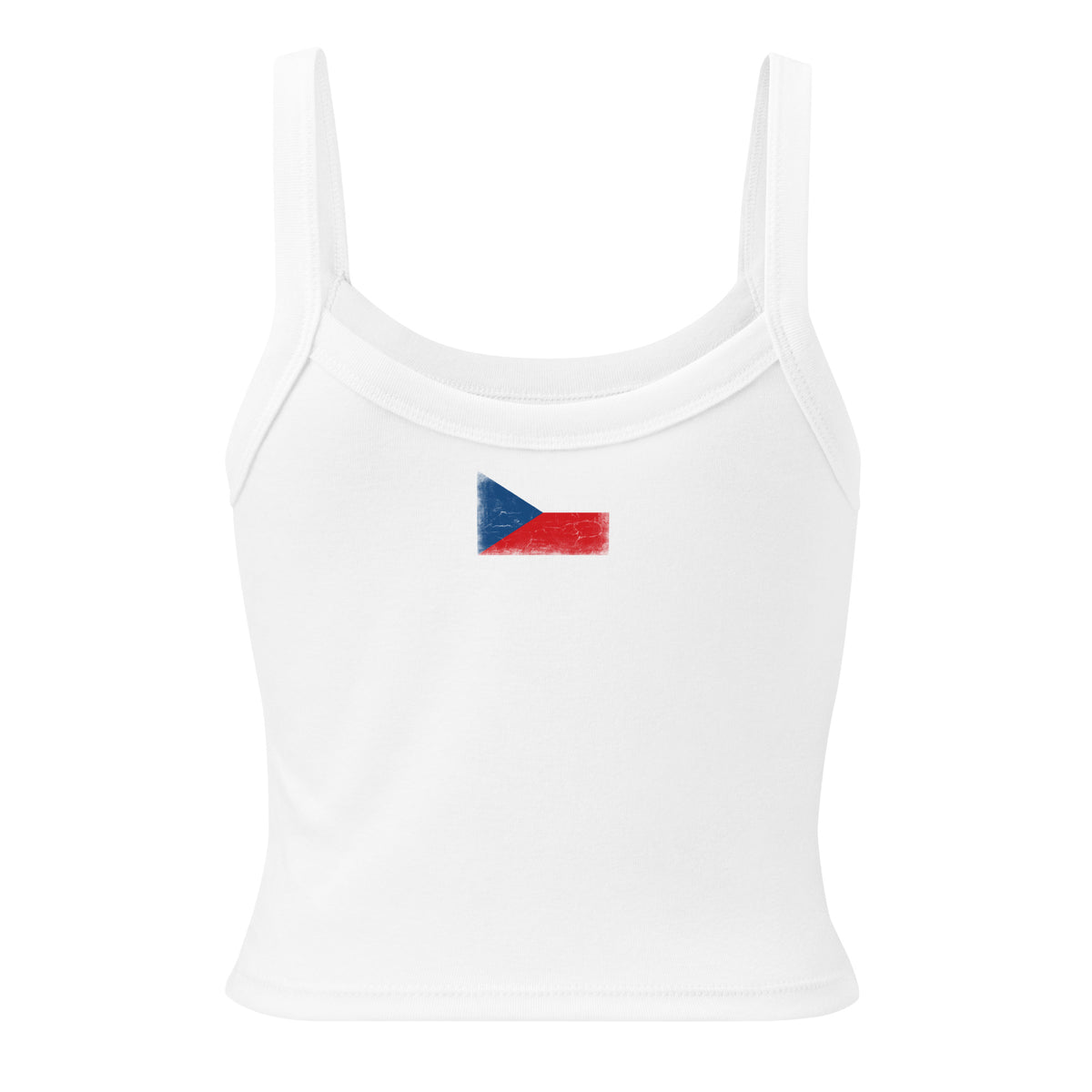 Czechia flag rib tank top in Solid White Blend, vintage-washed print, flag across the upper back, women cut, back view