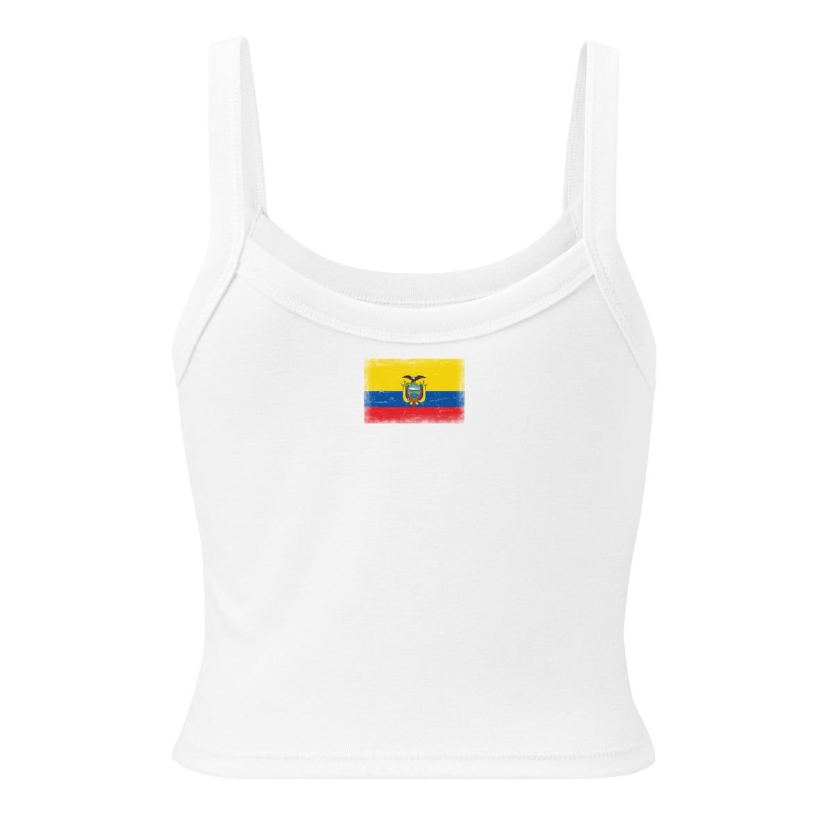 Ecuador flag rib tank top in Solid White Blend, vintage-washed print, flag across the upper back, women cut, back view